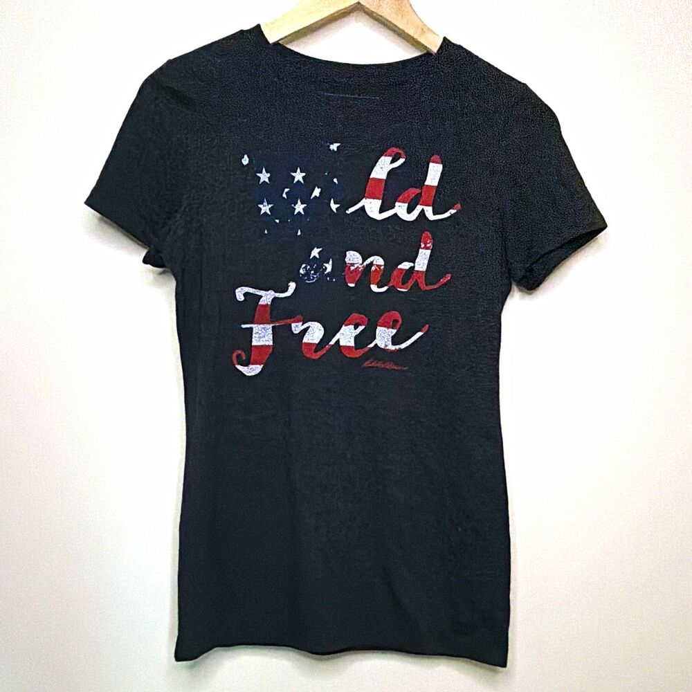 Eddie Bauer Small Black Wild and Free USA Flag Graphic Crew T-Shirt